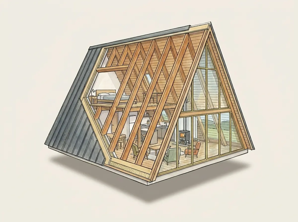 Schnittzeichnung eines A-Frame-Hauses als Bausatz mit tragenden Rahmen, Dachaufbau, Schlafempore und verglastem Giebel