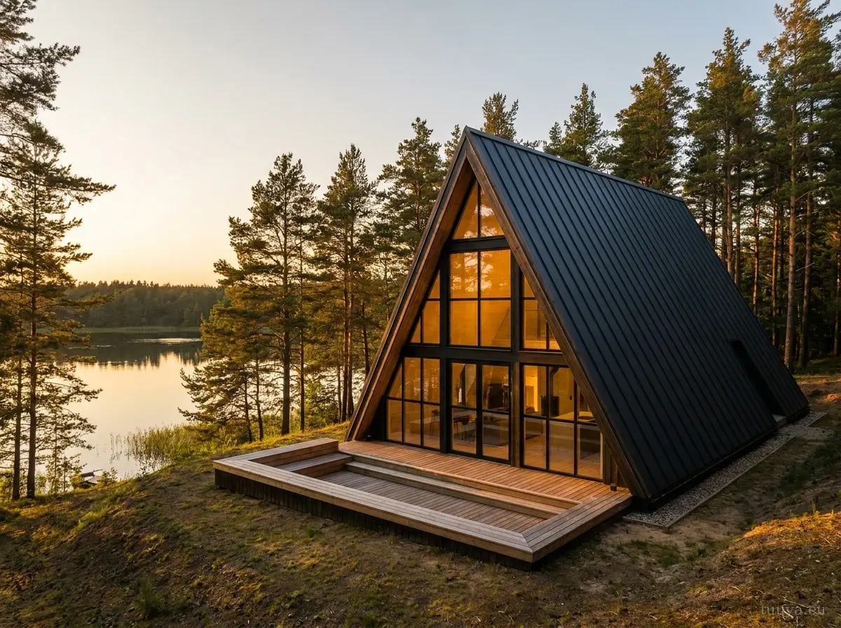 Modernes A-Frame-Haus als Bausatz mit schwarzer Stahlkontur und voll verglastem Giebel über einem See