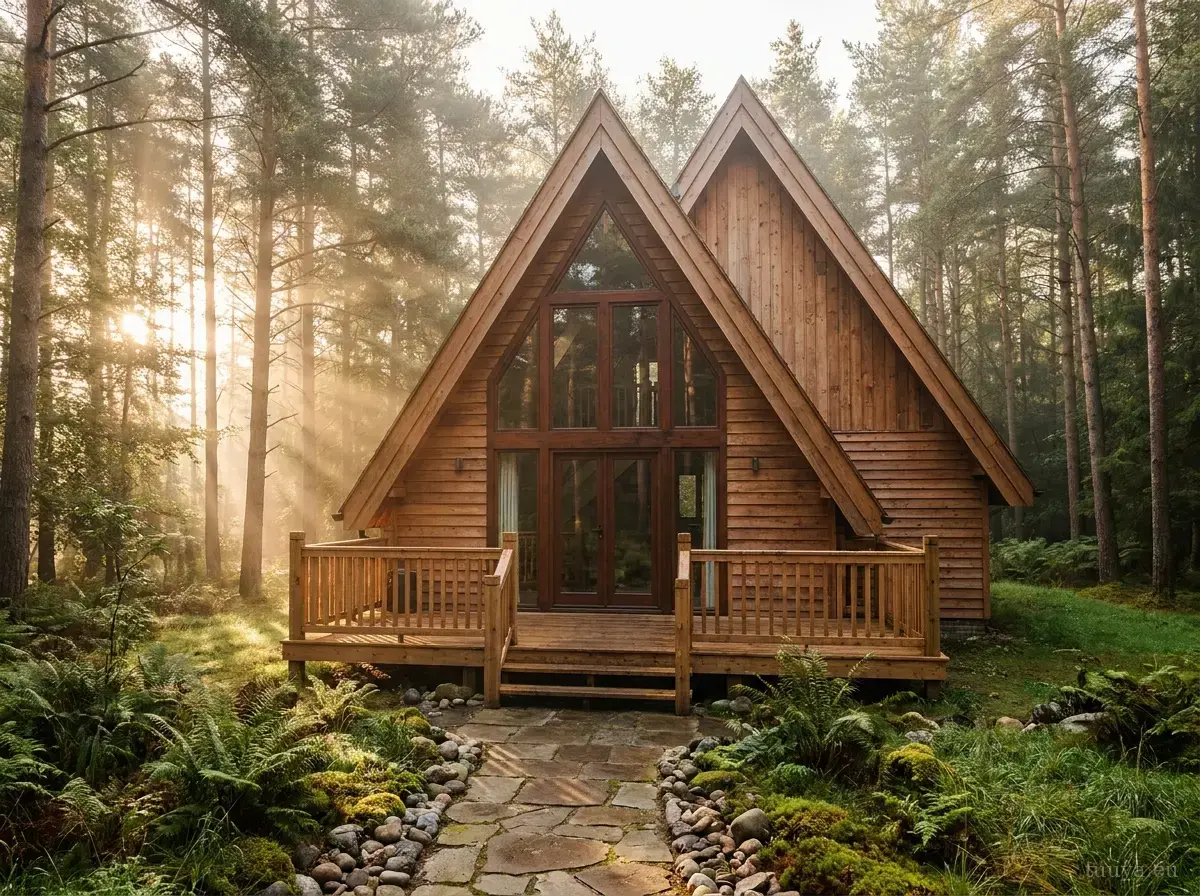 Klassisches A-Frame-Haus als Bausatz aus warmem Zedernholz mit Terrasse im nebligen Kiefernwald