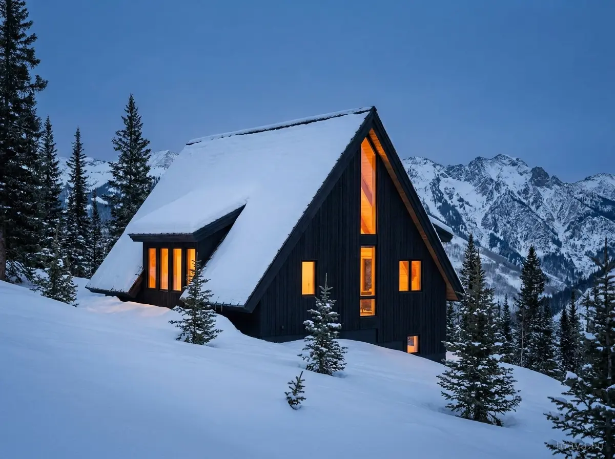 Alpines A-Frame-Haus als Bausatz mit verkohlter Holzfassade im tiefen Schnee zur blauen Stunde