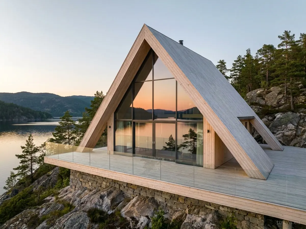 Zweigeschossiges A-Frame-Haus als Bausatz mit weiter Panoramaterrasse über einem fjordartigen See