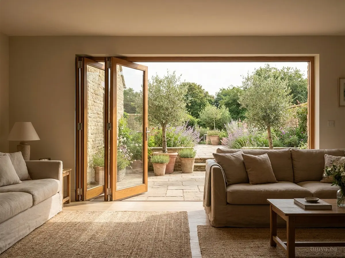 Timber bifold folding doors concertinaed open onto a garden