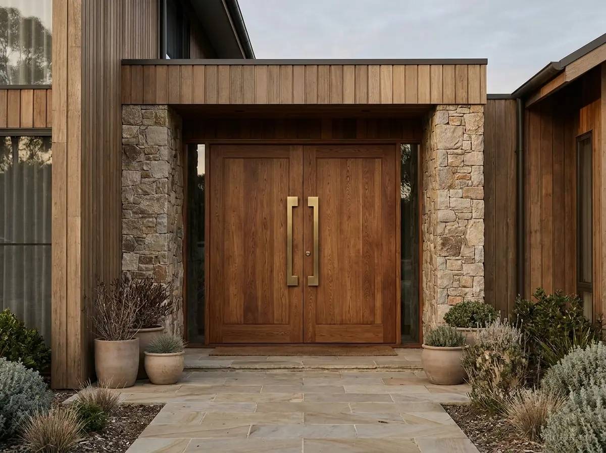 Pair of solid timber double entrance doors on a contemporary house