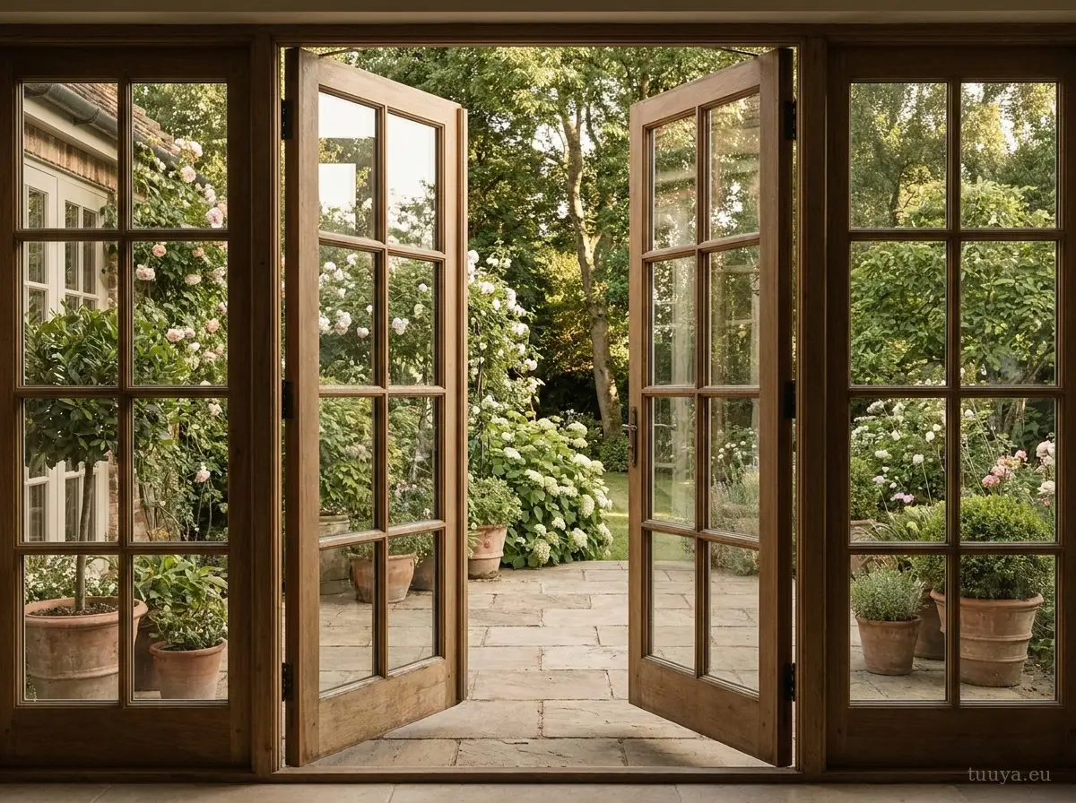 Pair of timber French garden doors opening onto a terrace