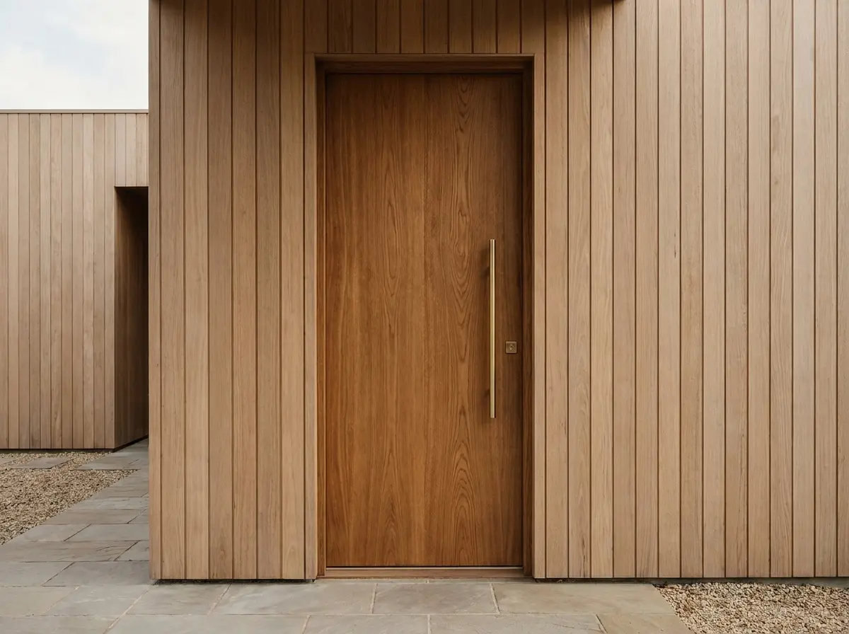 Solid oak timber front entrance door in a modern house facade