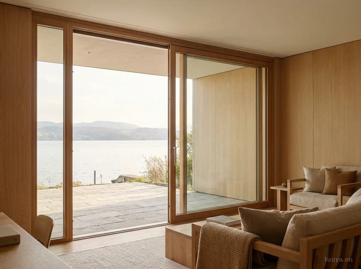 Large timber lift-and-slide patio door open onto a terrace