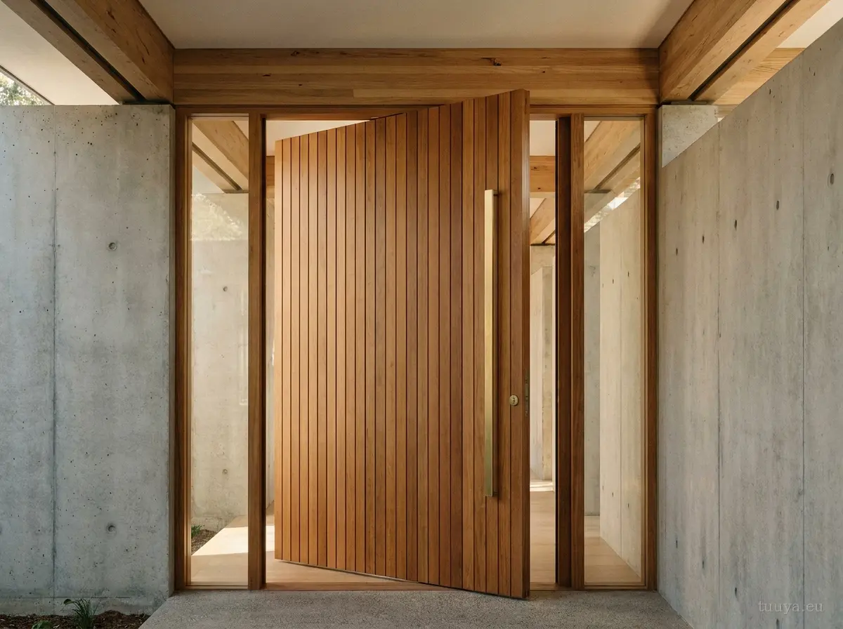 Large solid timber pivot entrance door on a central axis