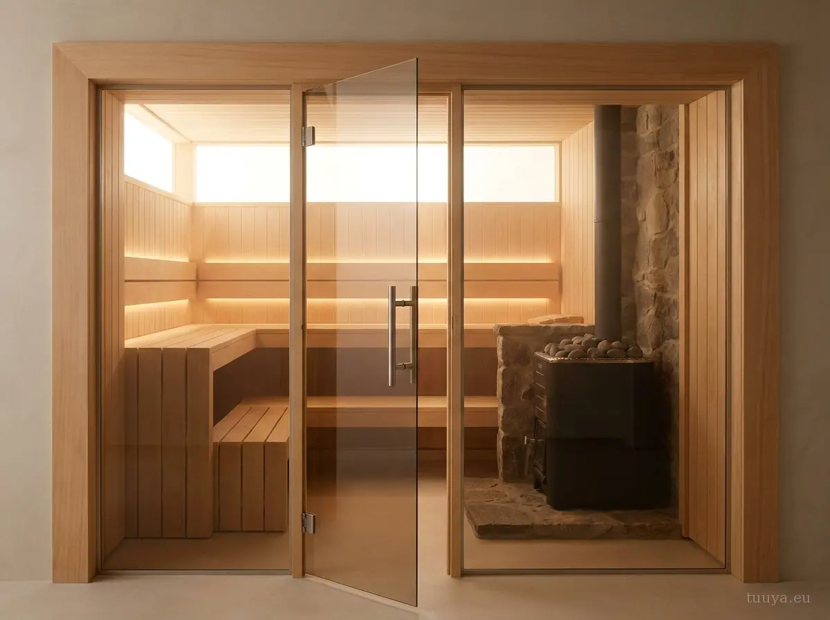 Sauna door with clear glass in a warm aspen timber frame