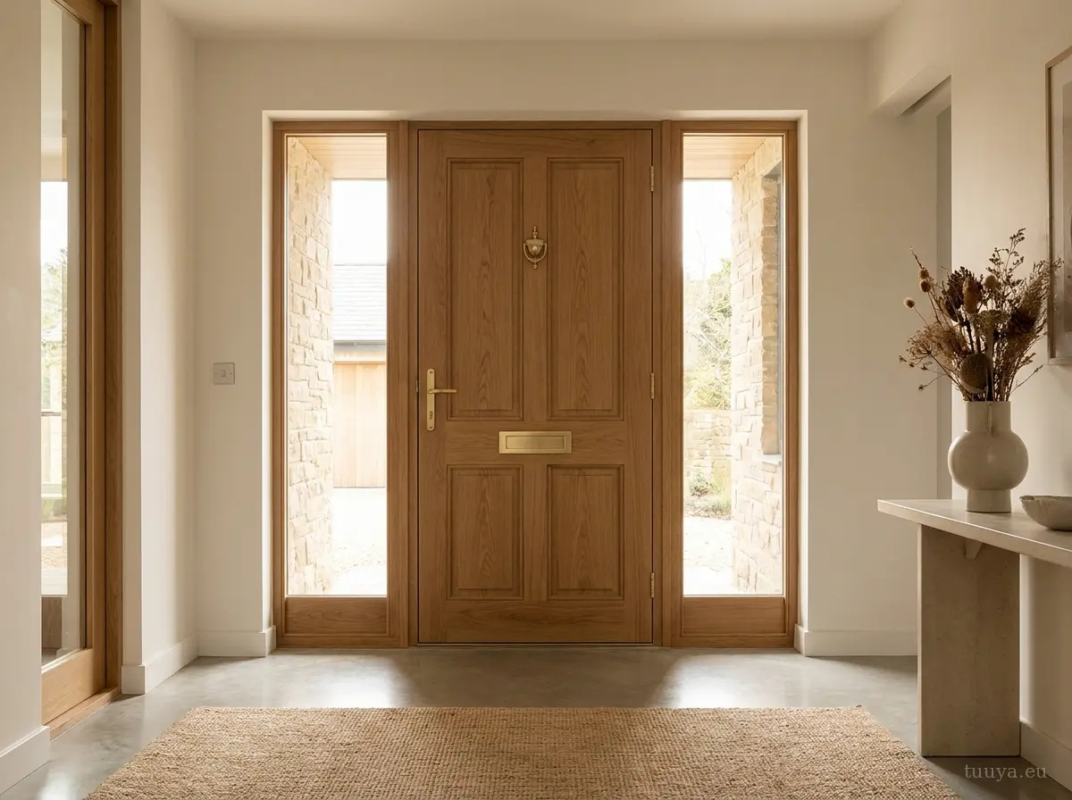 Timber front entrance door with tall glazed sidelights on both sides
