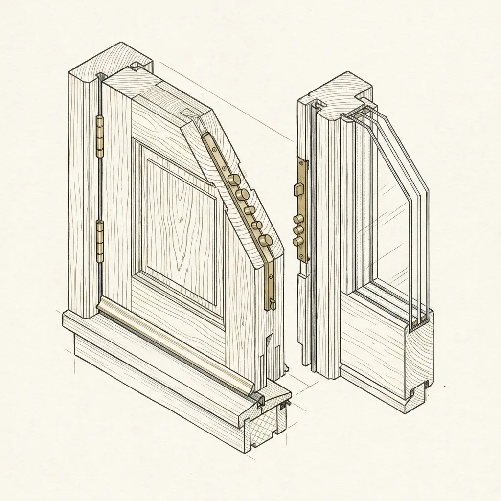 Cutaway drawing of a solid timber doorset showing leaf, frame, threshold, seals and multi-point lock