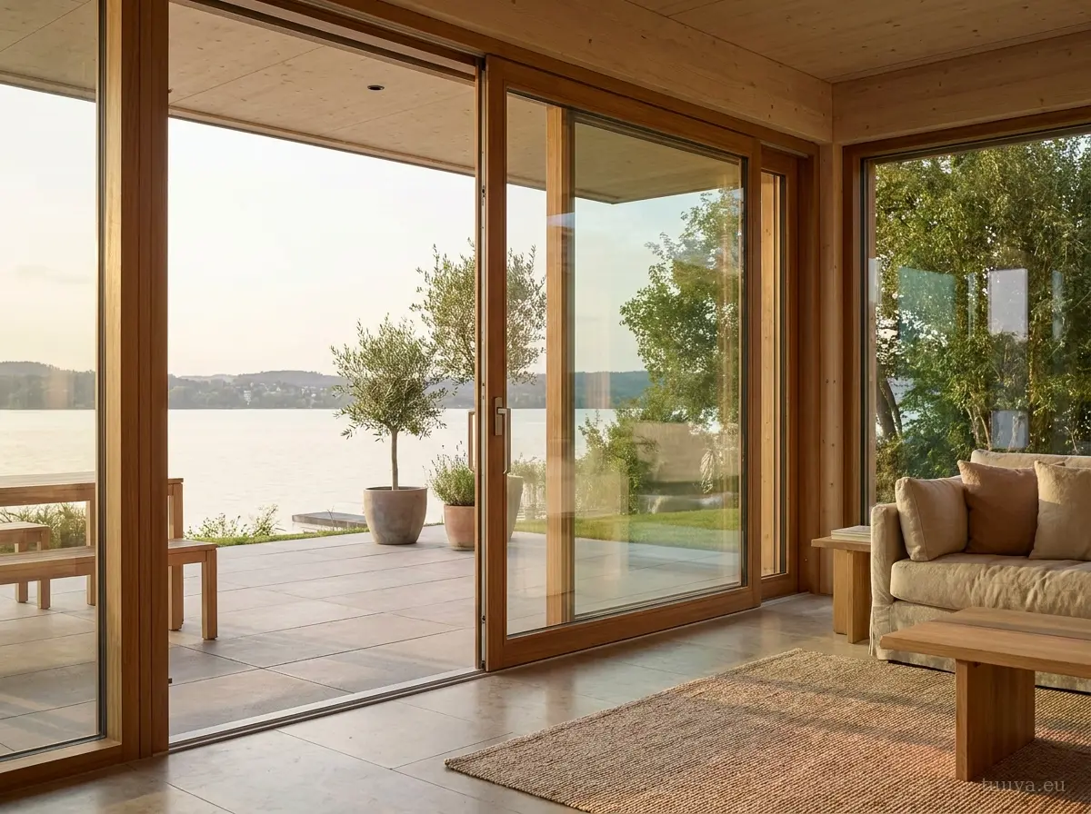 Timber sliding patio door with large glass onto a lakeside terrace