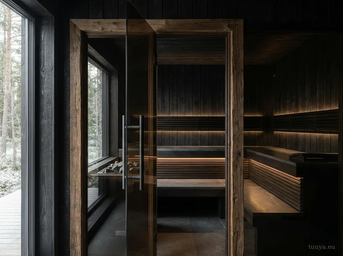 Dark sauna door with bronze glass in a charred black timber frame