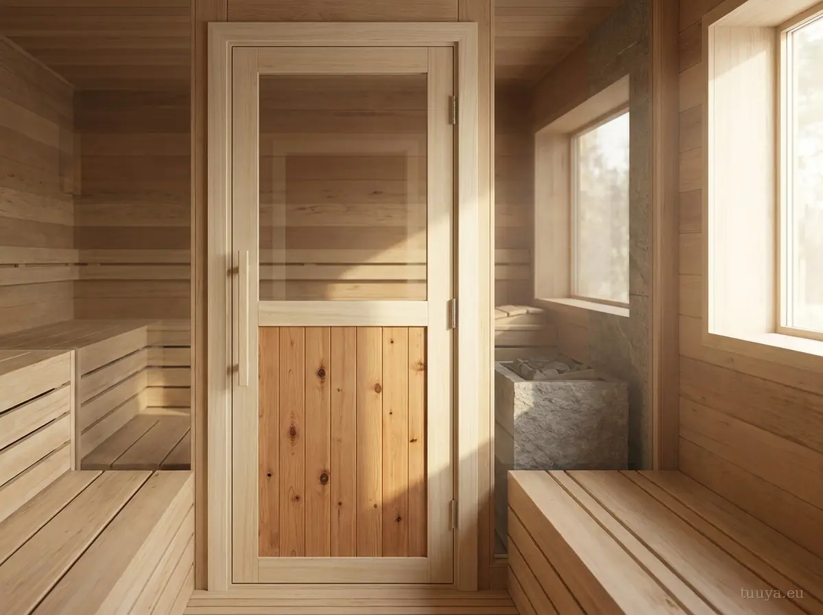 Half-glass sauna door with clear glass above and cedar timber below