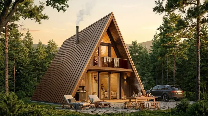 A-frame cabin at golden hour with a terrace barbecue and dining table