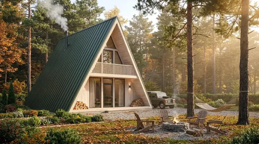 A-frame cabin in autumn with a fire pit and a hammock