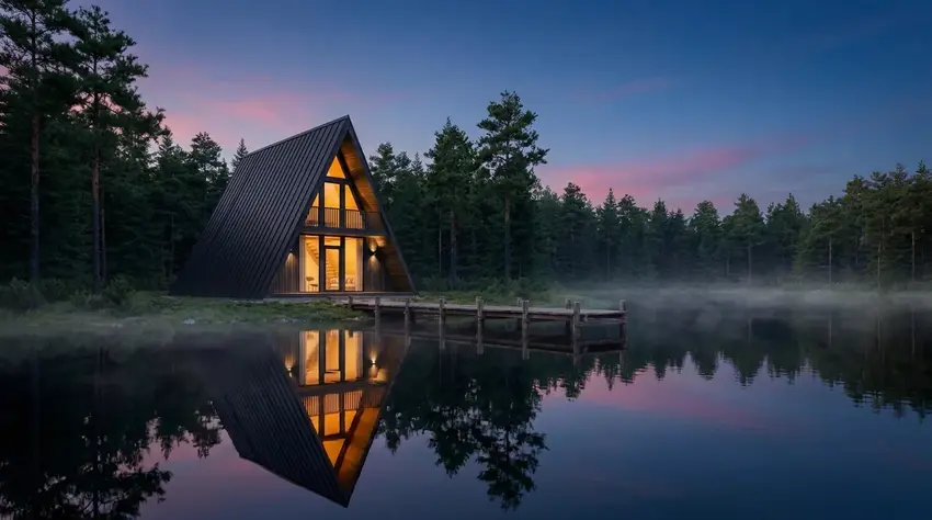 A-frame cabin glowing at dusk on a misty lakeshore