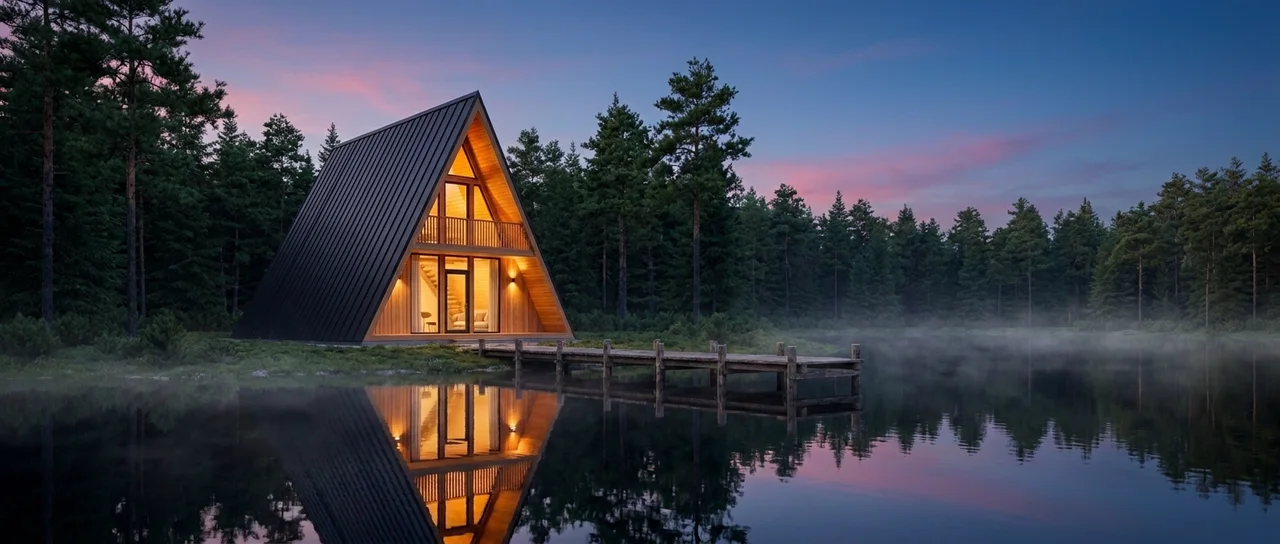 A-frame cabin glowing at dusk on a misty lakeshore