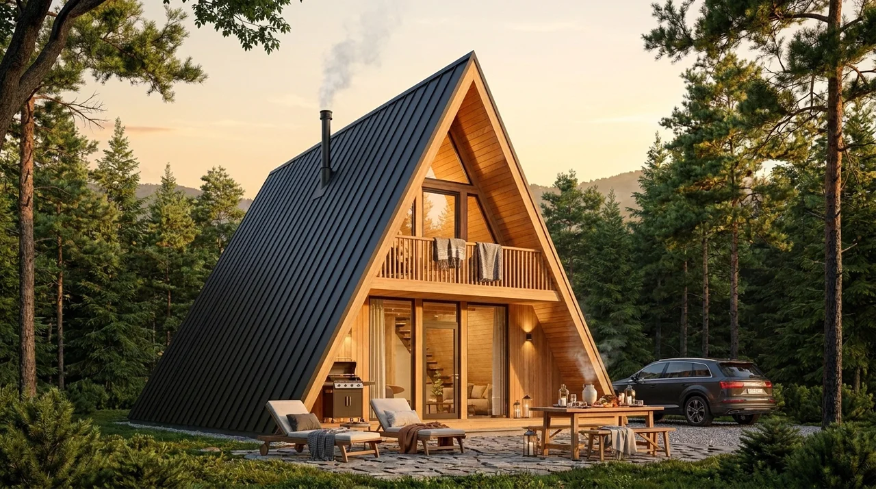 A-frame cabin at golden hour with a terrace barbecue and dining table
