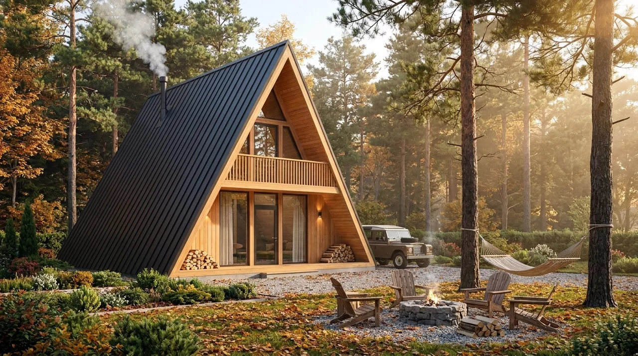 A-frame cabin in autumn with a fire pit and a hammock