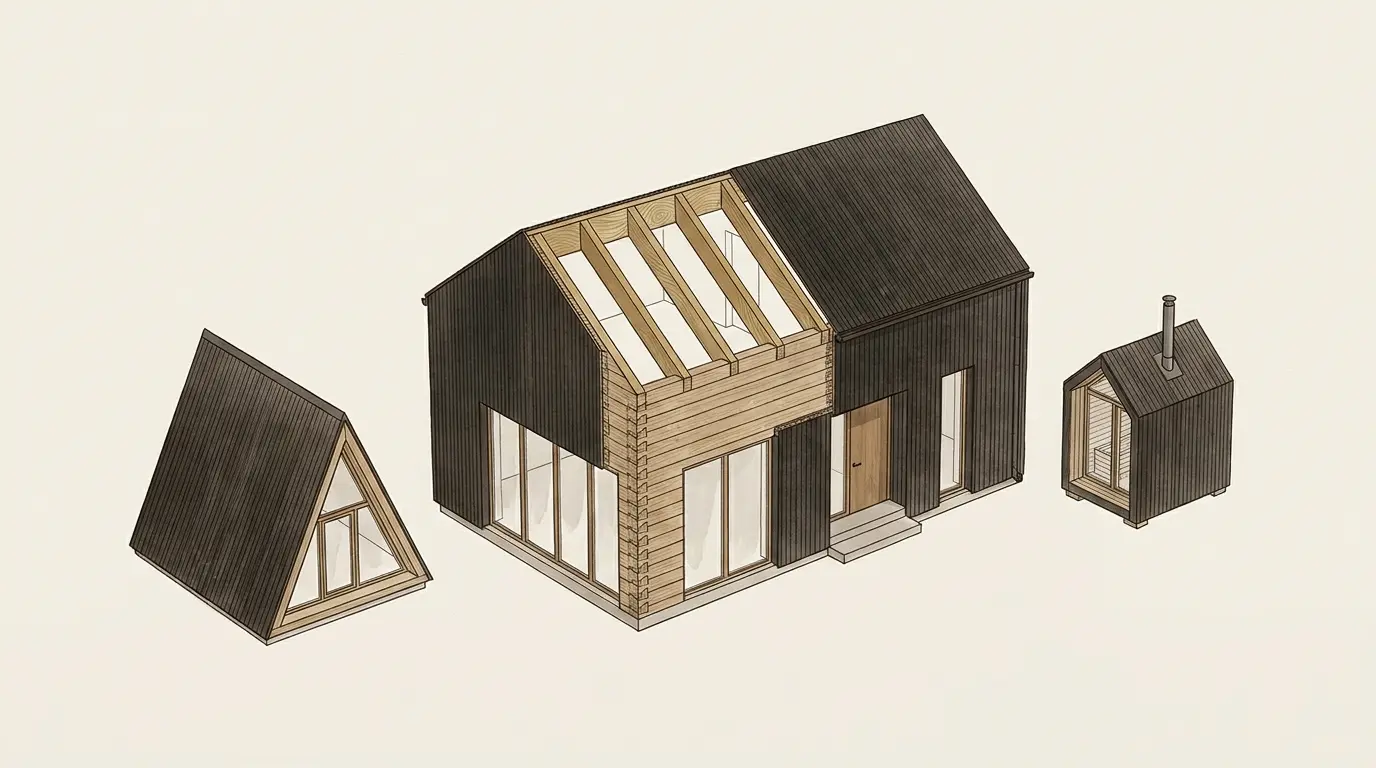 Cutaway of a TUUYA timber estate: a solid-wood house with timber walls, wooden windows, glulam roof structure and a solid wood door, an A-frame cabin and a sauna