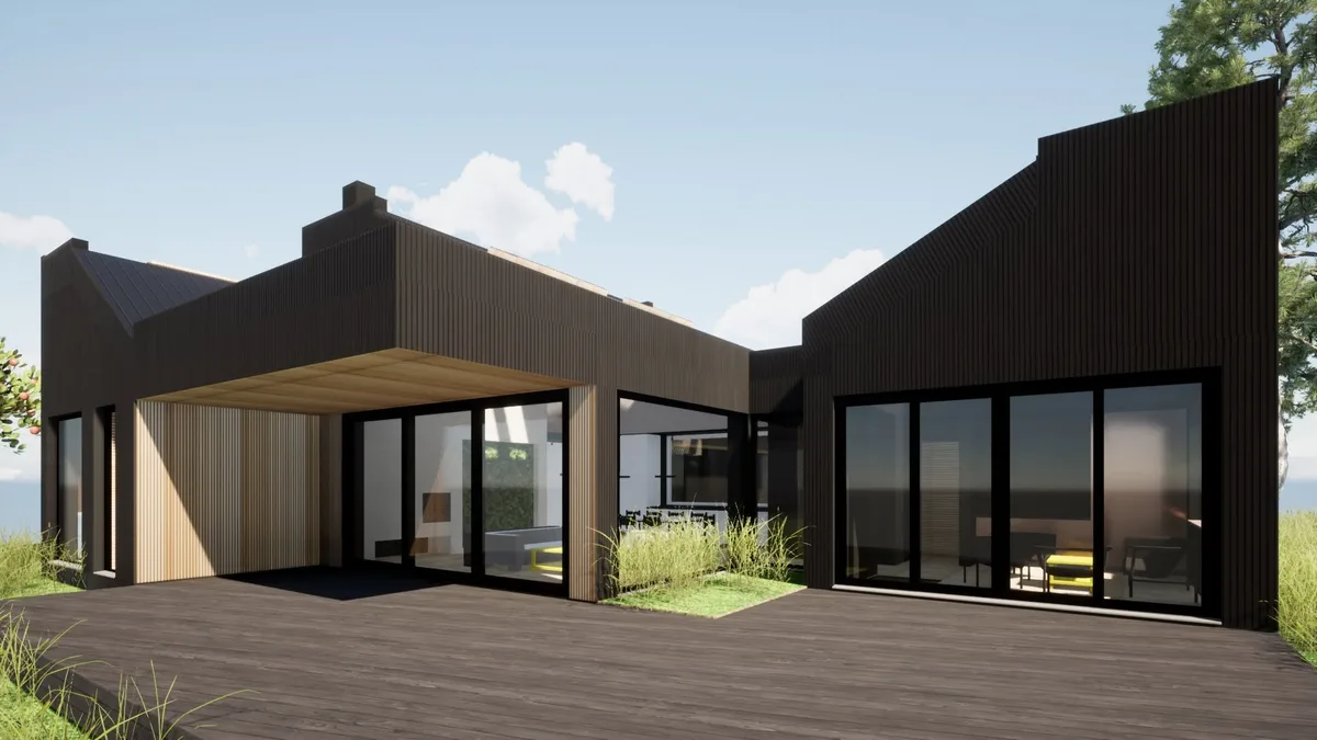 Design render of a modern black timber house with a deck