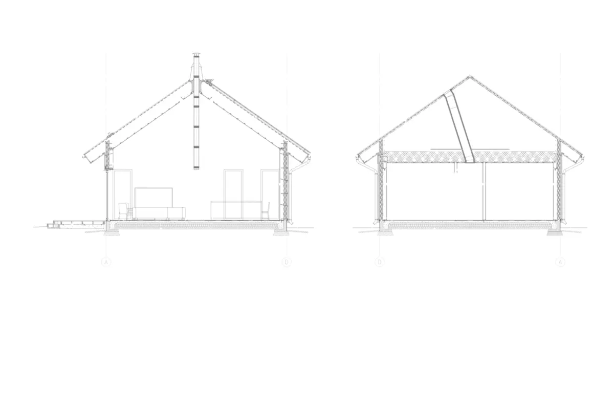 Structural cross-section drawings of a timber house