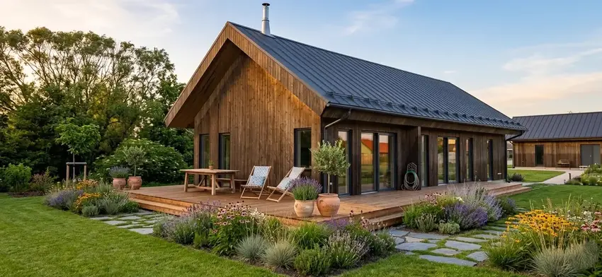 Completed timber house with a terrace and garden at dusk