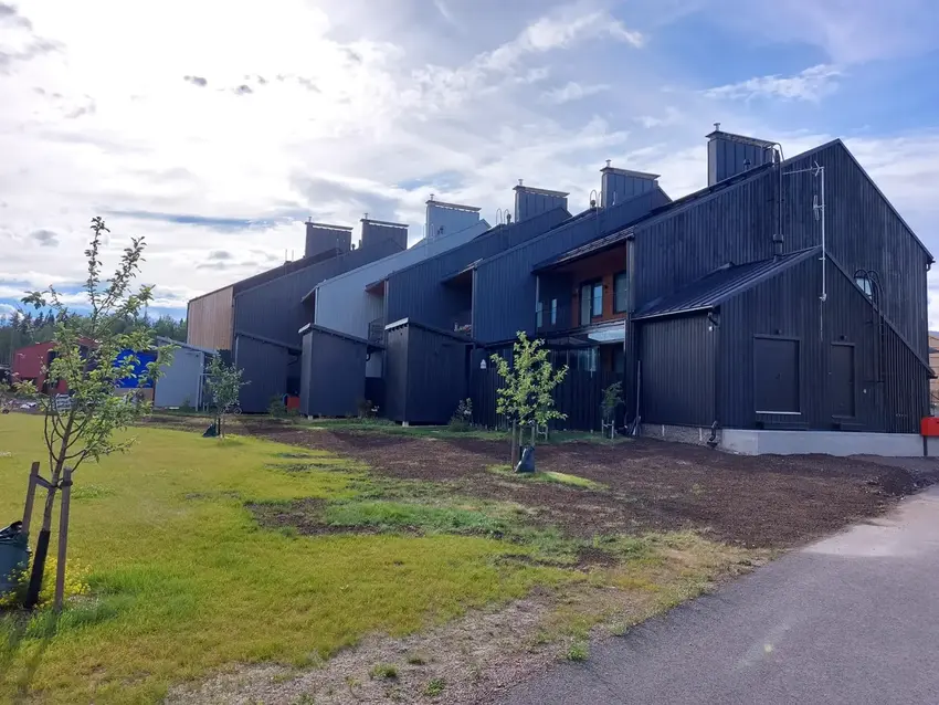 Completed row of black timber townhouses seen from the garden side