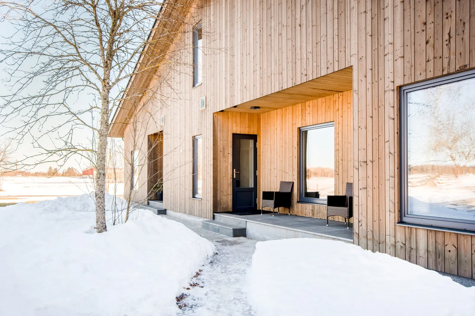 A light vertical-clad solid-timber house in winter