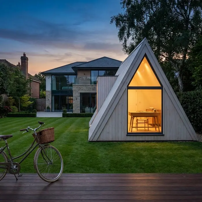 A-Frame-Haus als Gartenbüro und Gästehaus hinter einem Einfamilienhaus