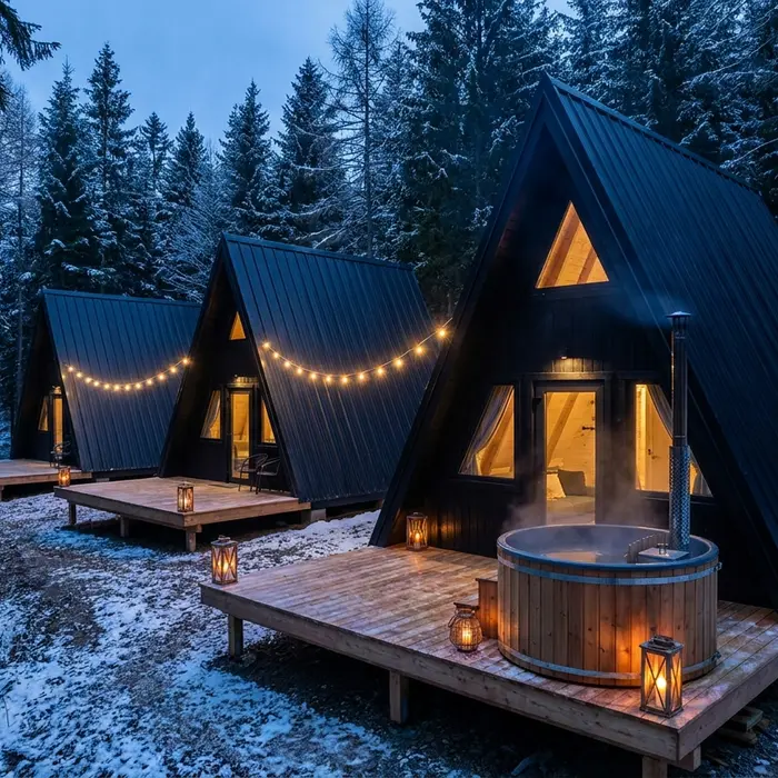 Reihe von A-Frame-Häusern fürs Glamping mit dampfendem Badezuber auf der Terrasse