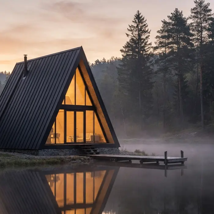 A-Frame-Haus am See mit Steg bei Sonnenaufgang