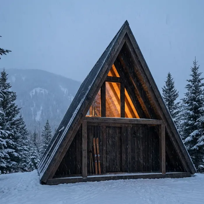 A-Frame-Haus im Skigebiet bei fallendem Schnee, mit Skiern neben der Tür