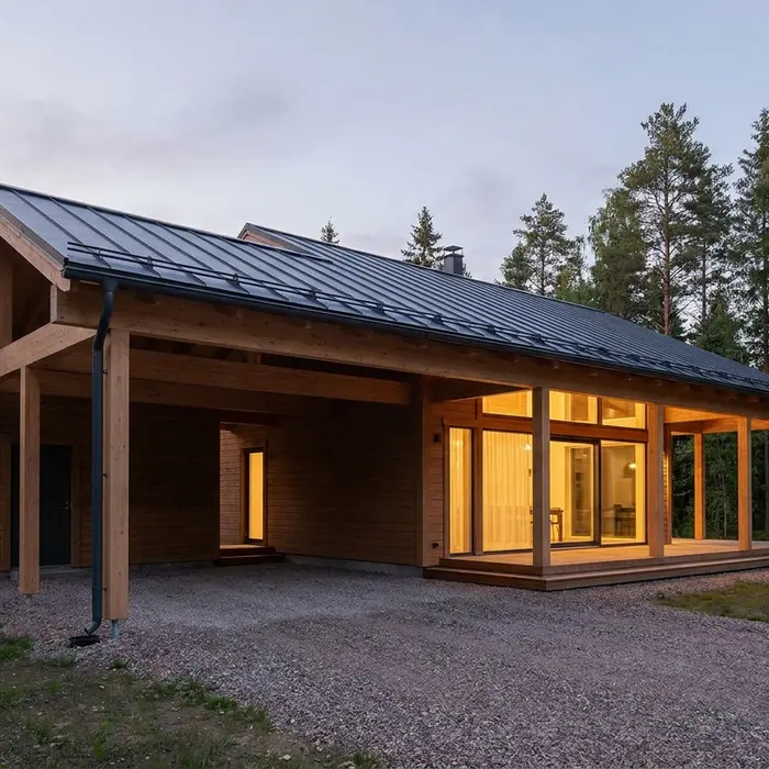 Carport und überdachte Terrasse aus Brettschichtholz, passend zum Holzhaus
