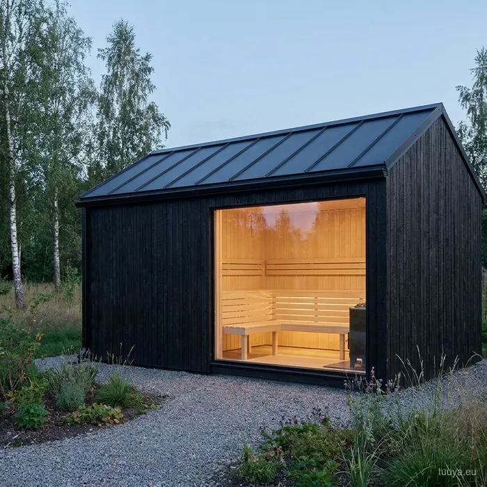 Insulated garden sauna at dusk with a panoramic glass wall glowing warm
