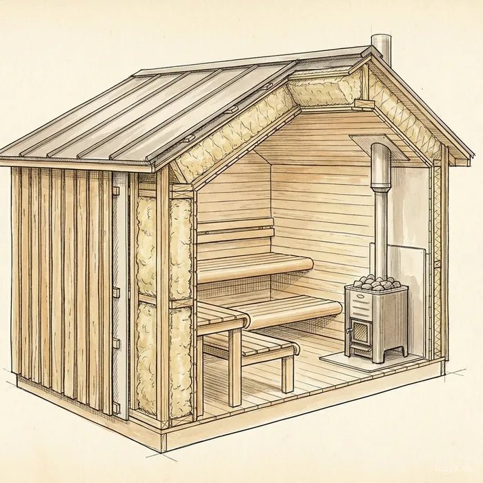 Cutaway drawing of a garden sauna showing the insulated frame, benches and stove