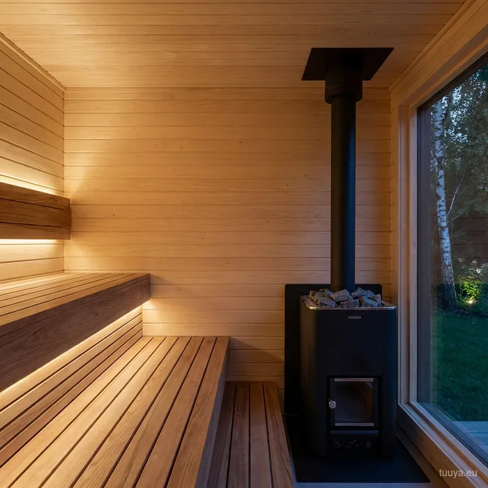 Garden sauna interior with a wood-fired stove and a window to an evening garden