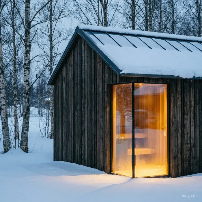 Garden sauna in deep snow with warm light through the glass wall