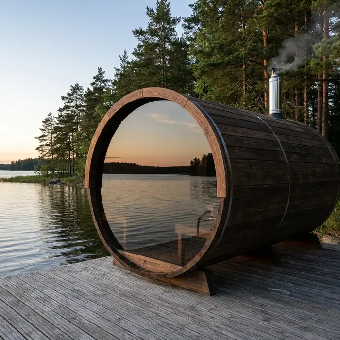 Fasssauna aus dunklem Holz mit gläserner Stirnwand auf einer Terrasse am See