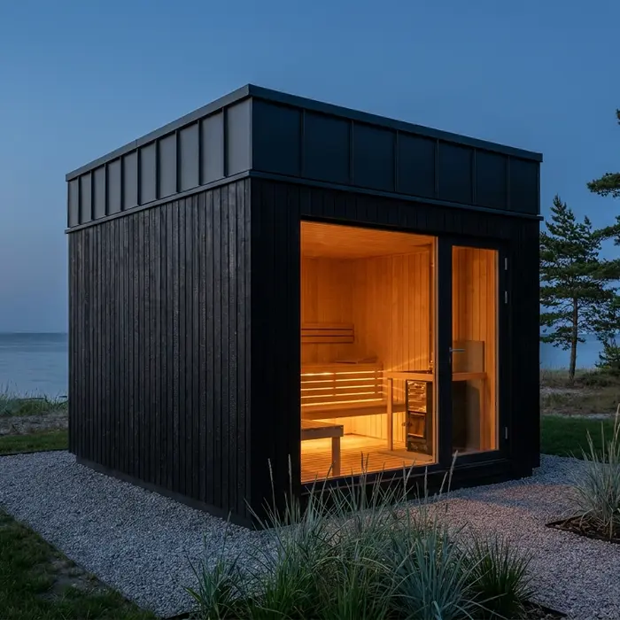 Moderne Kubus-Sauna mit geflämmter, schwarzer Schalung und Glastür