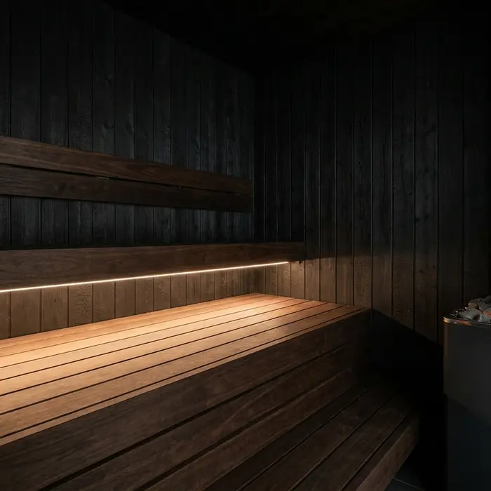 Innenraum einer Dunkelsauna aus geflämmtem Massivholz mit warmem, gedämpftem Licht