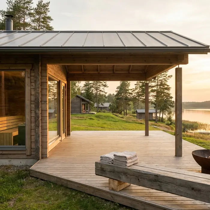 Sauna und überdachte Ruheterrasse unter einem Dach an einem See