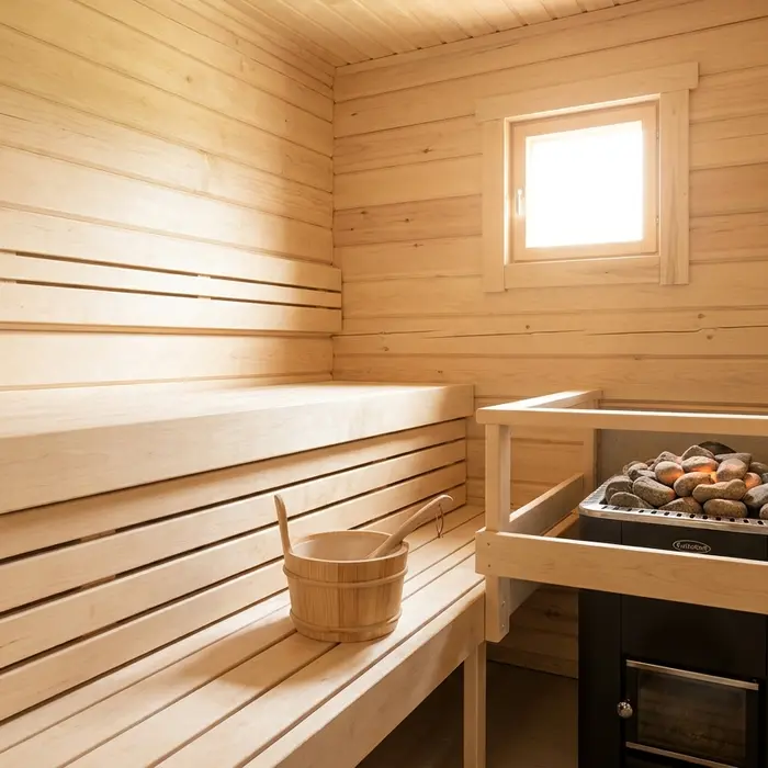 Innenraum einer finnischen Sauna aus hellem Massivholz mit holzbefeuertem Saunaofen