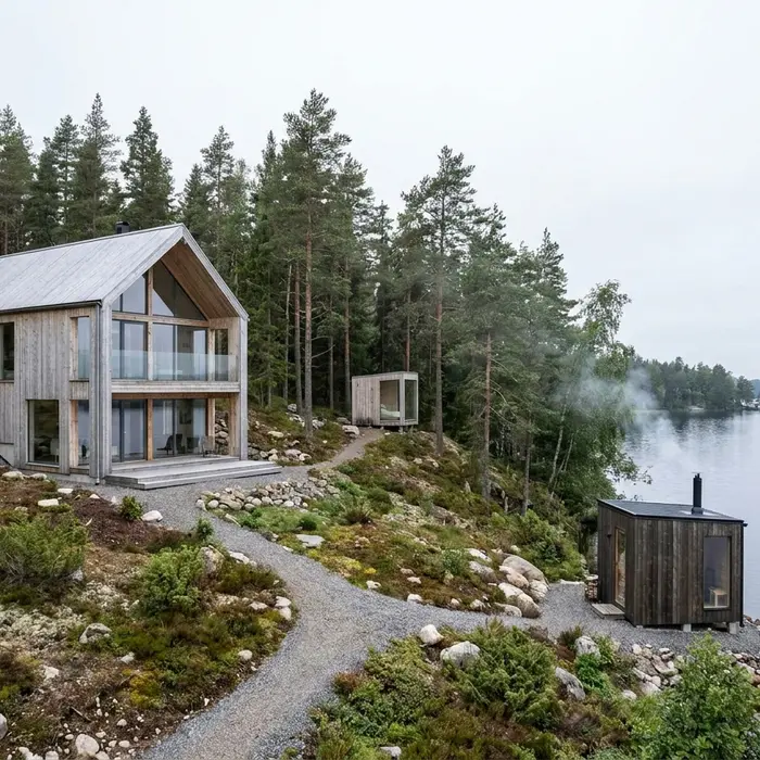 Anwesen am See mit Massivholzhaus, Sauna und Gästehaus