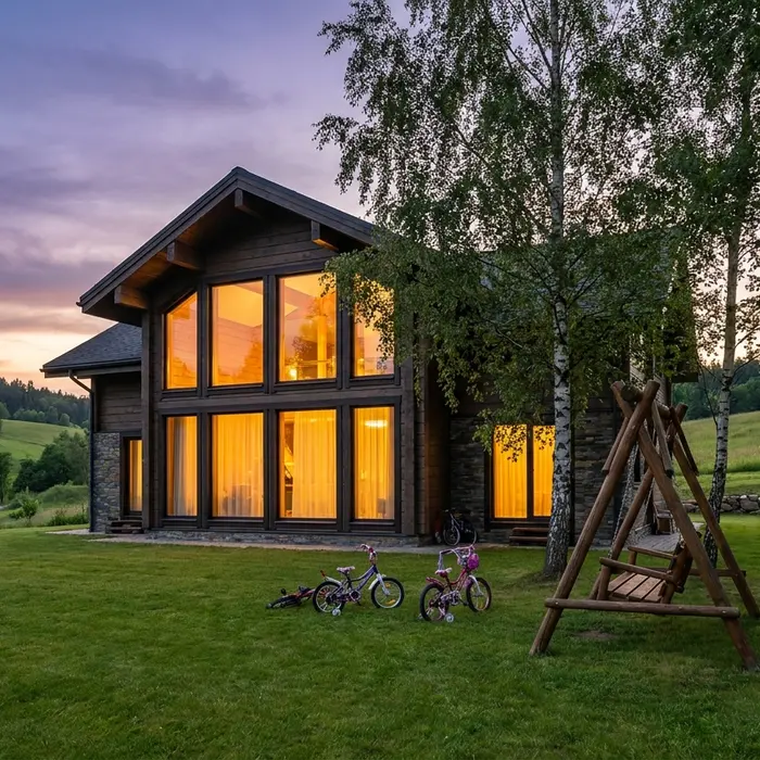 Massivholz-Familienhaus in der Dämmerung mit Gartenschaukel