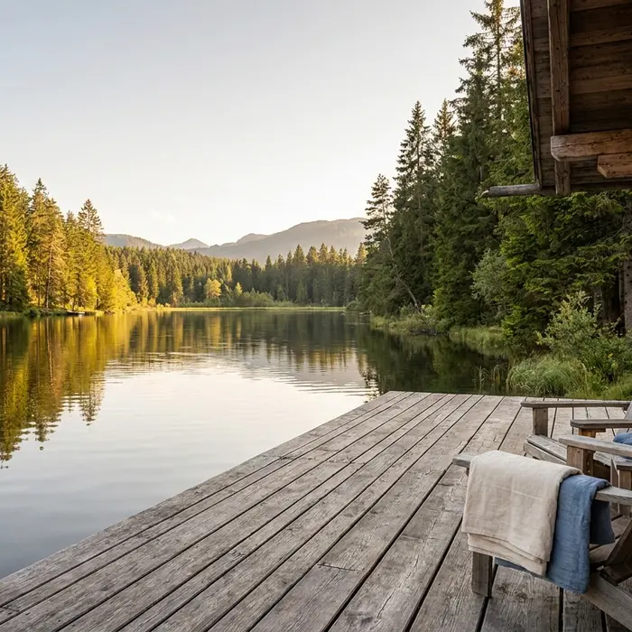 Terrasse eines Massivholz-Ferienhauses über einem See