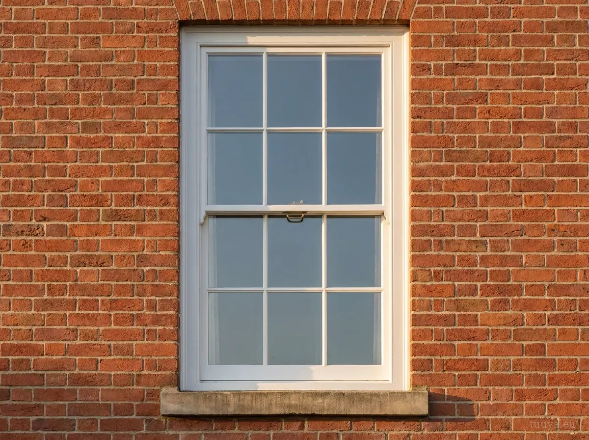 White timber box sash window in a brick Georgian facade