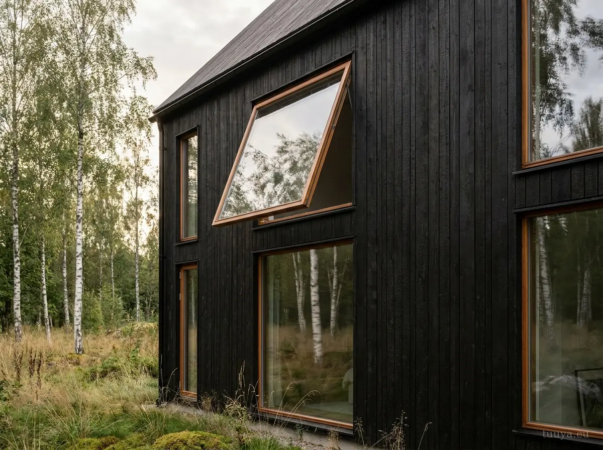 Scandinavian outward-opening timber windows on a black timber house