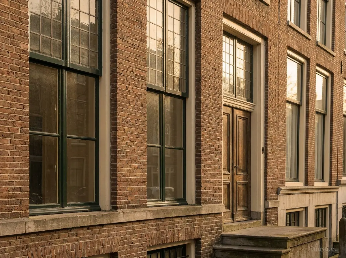 Dutch-style tall timber windows in a canal house facade