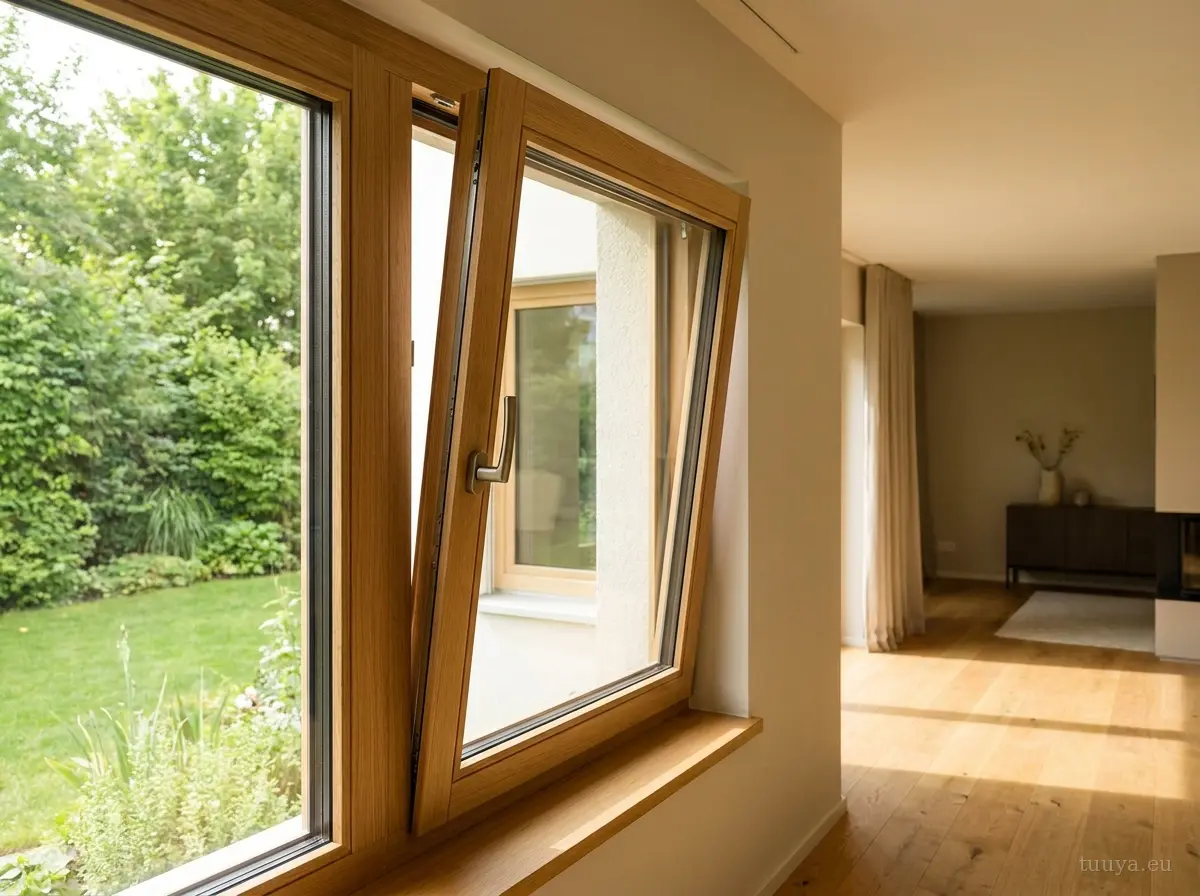 Tilt and turn timber window turned fully open into a modern room